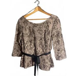 ALex Evening Elegant Floral Satin Ribbon Peplum Top with Black Waist Tie XL